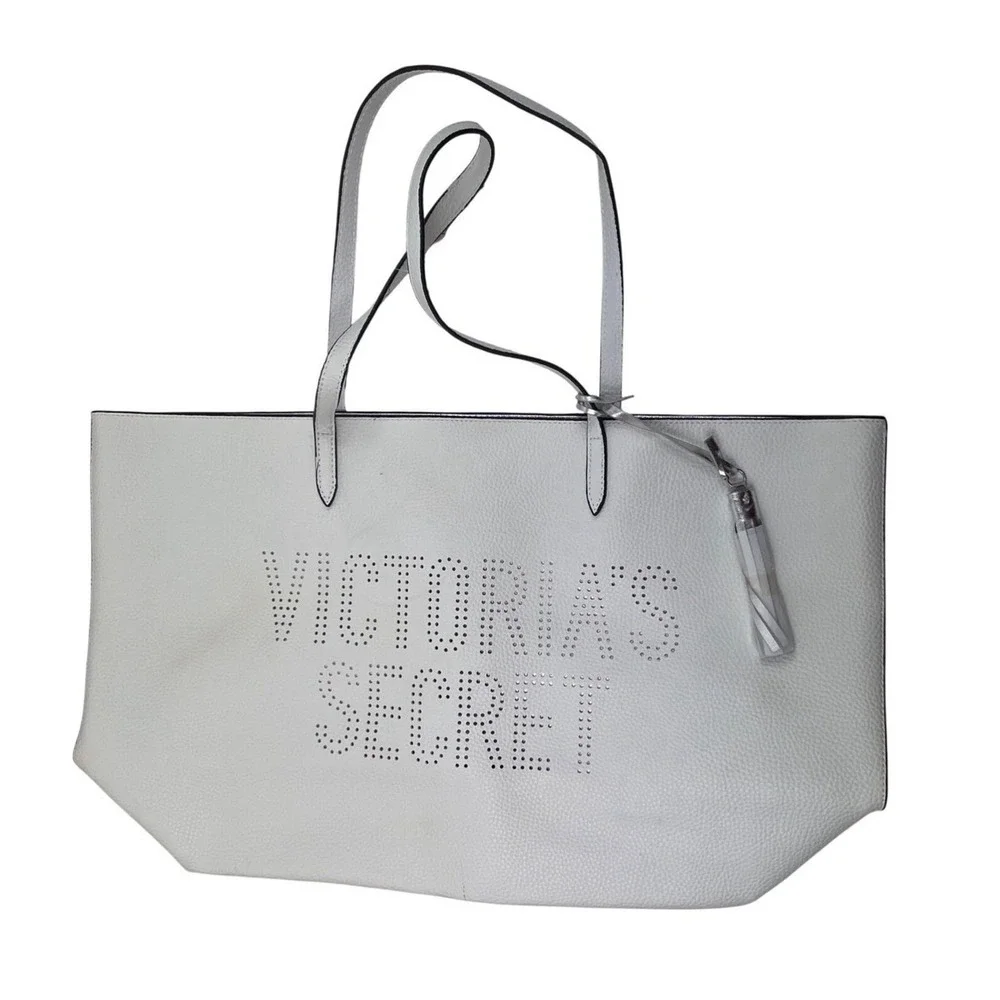 Victoria's Secret White Logo Tote Bag Faux Leather Tassel